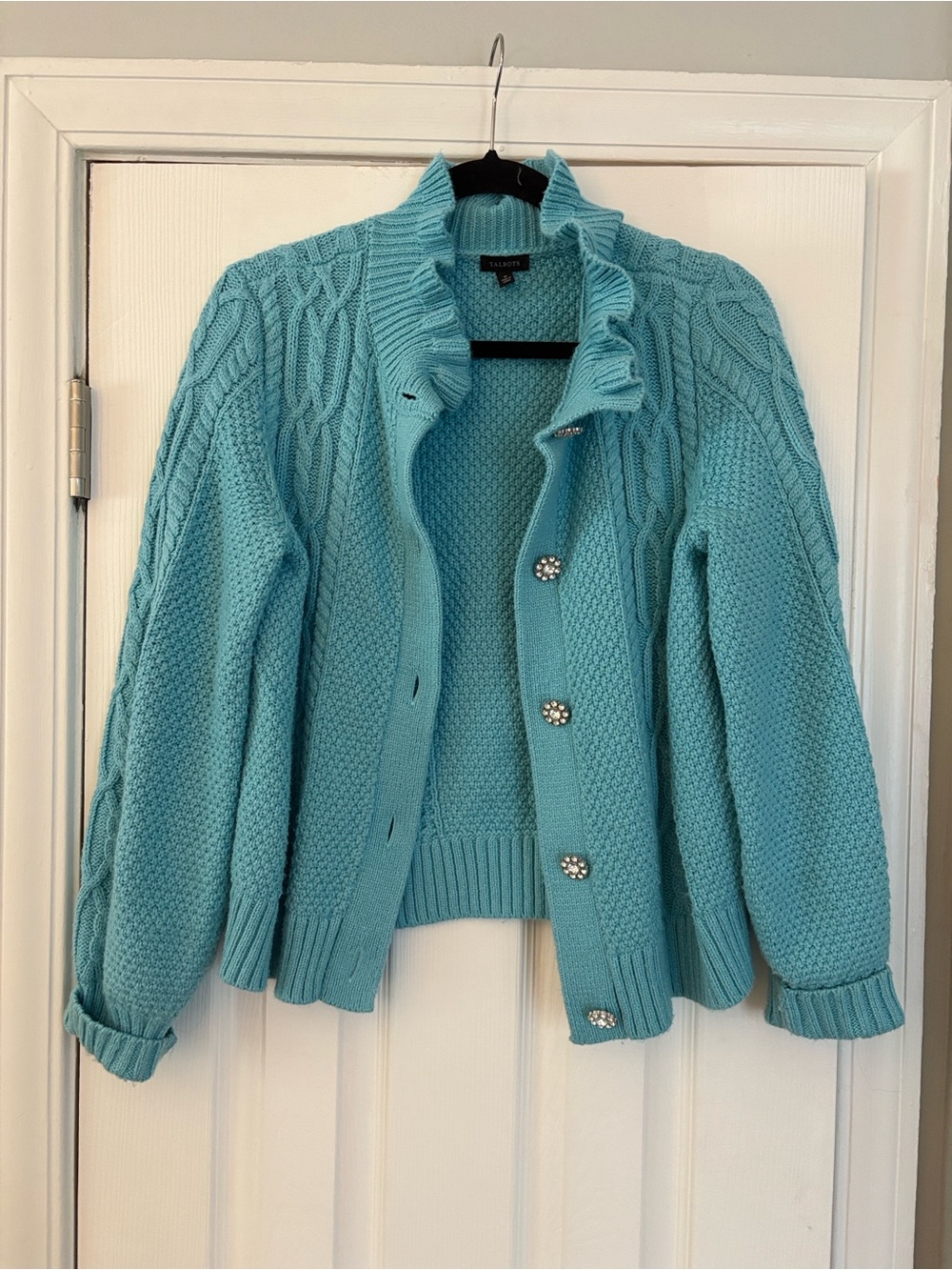 Talbots Light Blue Cable Knit Ruffle Cardigan Sweater Medium M Jeweled Buttons